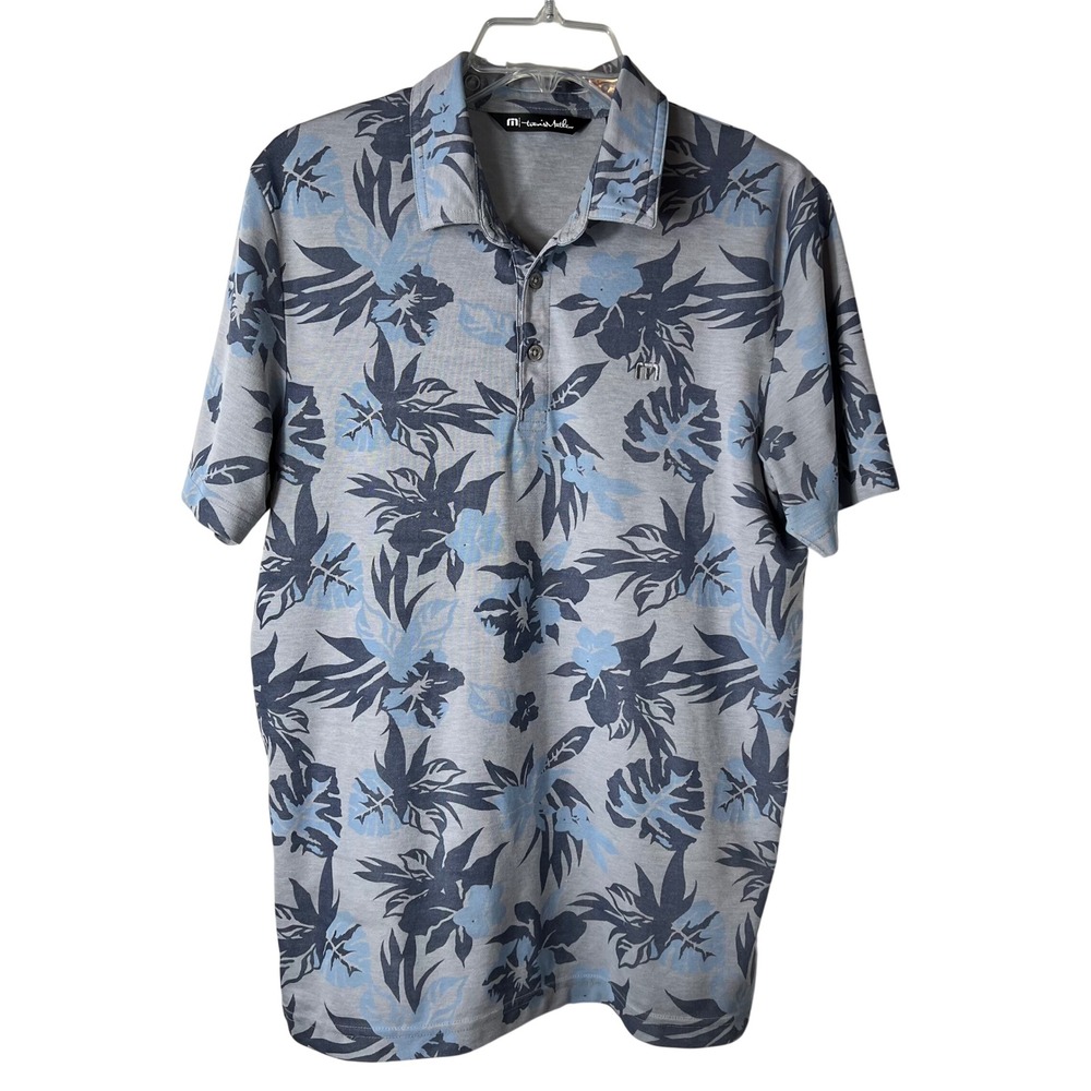 TravisMathew Mens Grey Blue Floral Tropical Pima Cotton‎ Blend Golf Polo Shirt M
